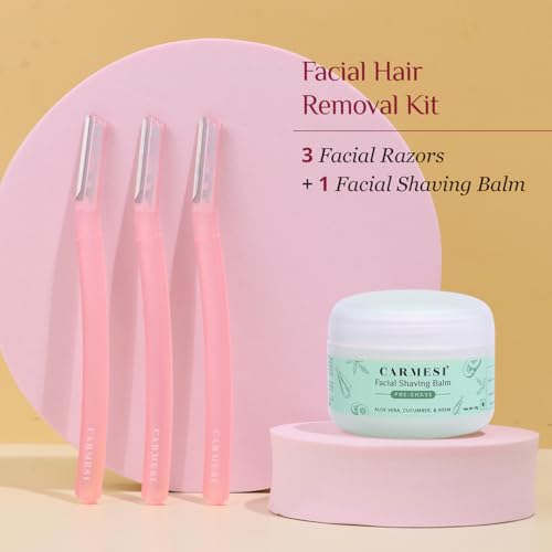 Carmesi Facial Shaving Kit | Face Razors (3 Count) + Shaving Gel (1.76 Oz/50g) | Painless Hair Removal | Prevents Nicks & Cuts | for Peach Fuzz, Eyebrow, Chin & Upper Lip