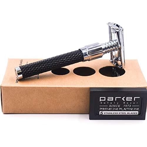Parker 92R Graphite Gray, Long Handle Heavyweight Butterfly Open Double Edge Safety Razor for Men, 5 Parker Premium Platinum Double Edge Razor Blades Included