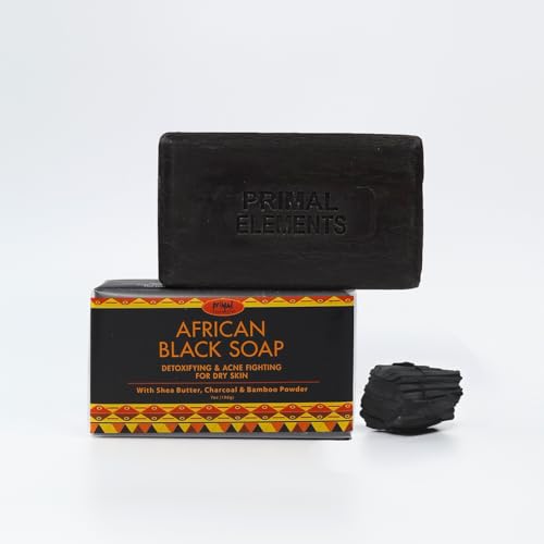 Primal Elements African Black Soap with Shea Butter and Charcoal for Dry Skin, Detoxifying and Acne Fighting, 6 Pack