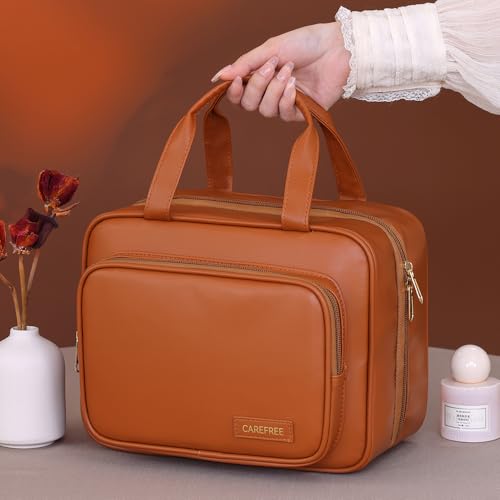 Waterproof Leather Toiletry Bag for Women, Hanging Travel Toiletry Bag with Hanging Hook, Large Travel Makeup Bag Cosmetic Organizer for Toiletries, Bathroom Shower, Makeup Accessories (Brown)