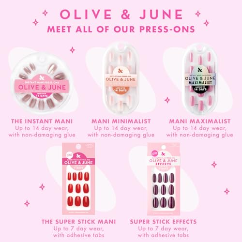 Olive & June Glue Press On Bestsellers Kit | Includes 4 Fake Nail Sets (HD Crisp White, Classic French, Shimmery Super Star, BP Icy Blue) | Realistic Look, Non-Damaging Glue, Up to 14-Day Wear