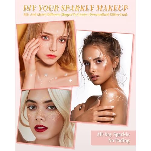 Glitter Freckles Face Tattoo Patches - 12PCS Temporary Sparkle Face Stickers with 10 Remover Wipes | Waterproof Festival Rave Party Makeup Accessories for Women Girls (Silver)