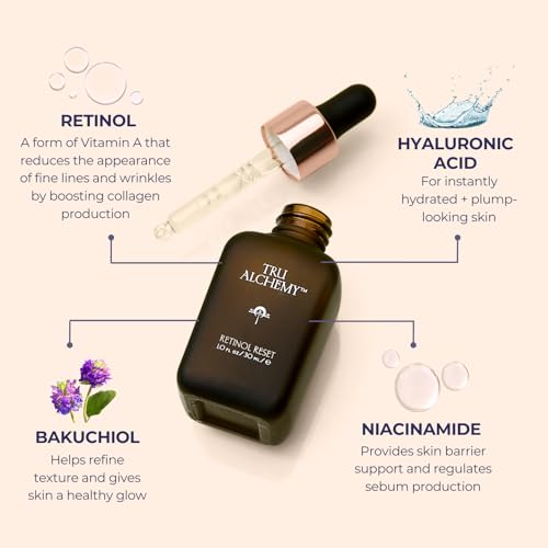 Tru Alchemy Retinol Reset Revitalizing Retinol Serum for face - Wrinkle Appearance Serum & Cream for Face w/Bakuchiol, Niacinamide for Overnight Renewal w/Long-Term Radiance - 1 fl oz