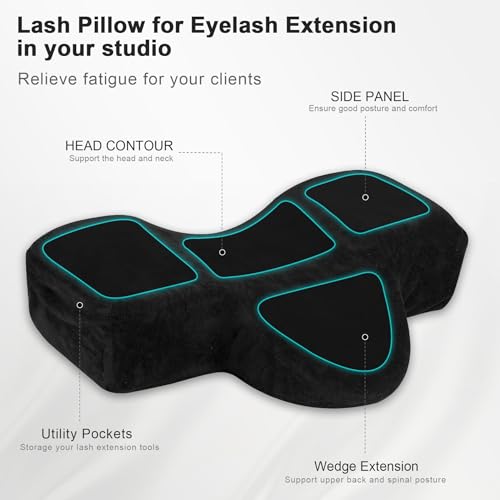IMENE Lash Pillow for Lash Extensions- Memory Foam Lash Pillows with Neck and Back Support, Ergonomic Lash Bed Pillow with Velvet Pillowcase and Lash Organizer Pockets£¨Black£©