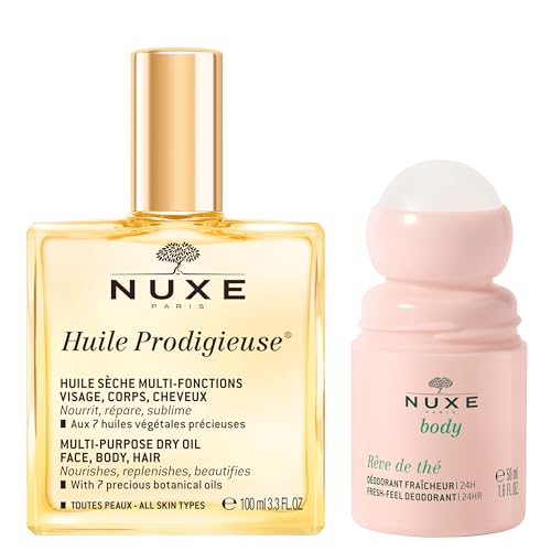 Nuxe Huile Prodigieuse Multi-Purpose Dry Oil (3.3 Fl Oz) & R?ve de Th? Aluminum-Free Deodorant (1.6 Fl Oz) Skincare Duo for Nourished Skin & Long-Lasting Freshness