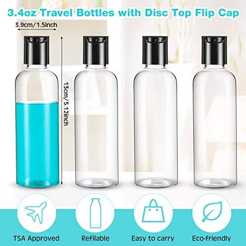 Roshtia 100 Pack 3.4 oz Travel Bottles for Toiletries, Clear Refillable Plastic Bottles with Disc Top Flip Cap, Leak Proof Empty Containers for Lotion, Shampoo, Essential Oil, Bulk Travel Size(Black)