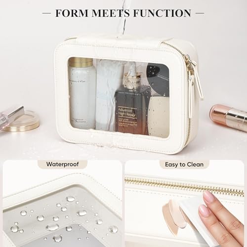 Clear Makeup Bag, Travel Toiletry Bag Cosmetic Case for Women, Waterproof Portable Make Up Skincare Pouch with Zipper, Compact Car Organizer Bag for Essentials, Mini & Medium, Ivory White