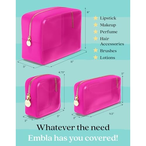 Clear Cosmetic Bags Set of 3, Mini Small Large Makeup Bags For Women Clear Pouch Cosmetics Cases Zipper Cute Pouches Make Up Travel Toiletry Essentials Preppy Purse Organizer Makeup Cases, Fuchsia