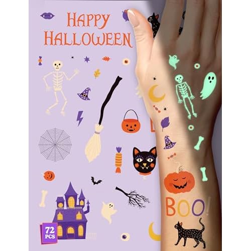 HOUSE OF PARTY Glow in the Dark Tattoos for Kids - Pack of 72 - Halloween Temporary Tattoos - Non-Toxic Waterproof Stickers for Boys and Girls Ideal for Halloween Tatoos Party Favors and Decorations!