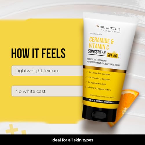 Dr. Sheth's Ceramide & Vitamin C Sunscreen SPF 50+ PA+++ | One Step Routine for Summer | For Women & Men | UVA UVB Sun Protection | 1.76 Oz / 50g