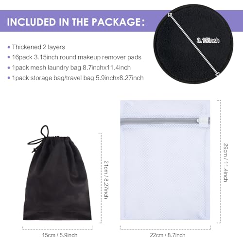 SUNLAND Reusable Makeup Remover Pads for Face,Eyes,Lips 16 Pack Microfiber Face Cleansing Gloves Washable with Laundry Bag and Travel Bag Rounds Toner Pads (Round 3.15inchx16, Black)