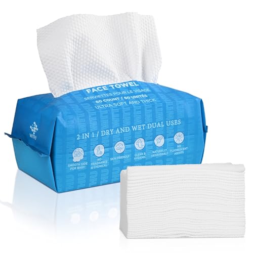 WITHU Disposable Face Towels, Ultra Soft, Biodegradable Makeup Remover Wipes, Hypoallergenic & Lint-Free Towelettes for Facial Cleansing, Multi-Use Dry Washcloths for All Skin Types/Daily 60 Ct