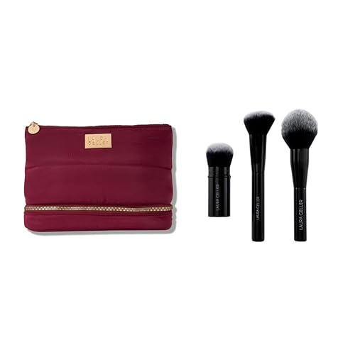 LAURA GELLER NEW YORK Quilted Makeup Bag with Brush Case, Burgundy and Complexion Brush Set: Airbrush Kabuki, Angled Blush & Bronzer Brushes