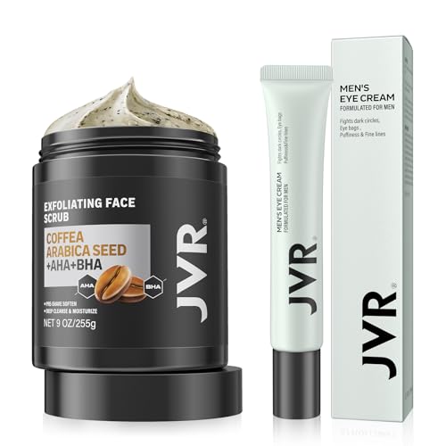 Face Scrub for Men 9 oz and JVR Caffeine Eye Cream and Under Eye Roller Facial Scrub for Deep Exfoliating for Fine Lines