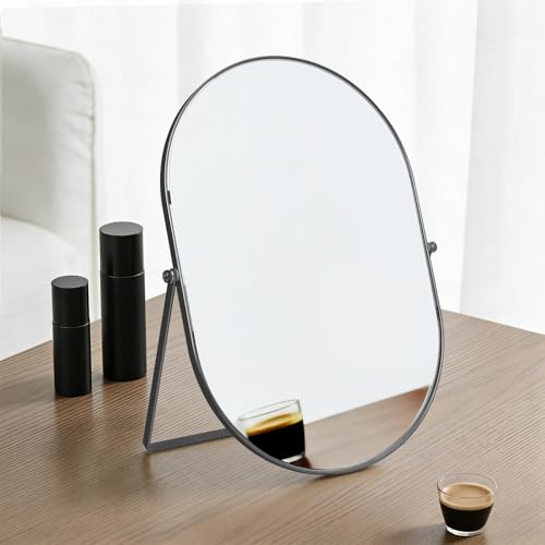 Vanity Desk Table Mirror, Adjustable Rotation Oval Tabletop Standing Makeup Mirror with Metal Framed for Living Room, Bedroom, Bathroom, Dark Grey