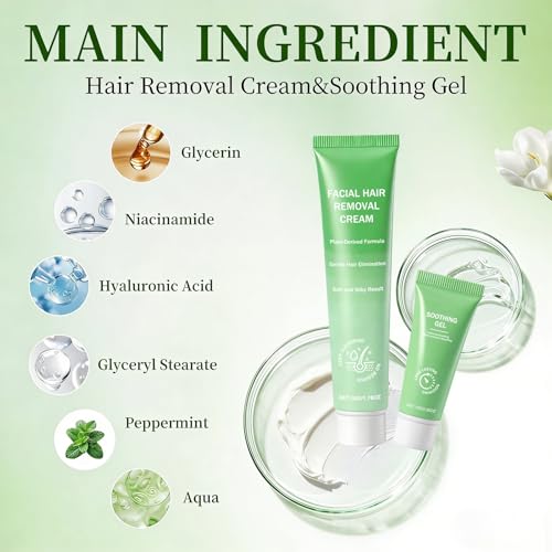 Facial Hair Removal Cream Kit - Painless 2-in-1 At-Home Hair Remover for Women, Includes Soothing Gel for Sensitive Skin, Gentle on Upper Lip, Chin & Facial Areas