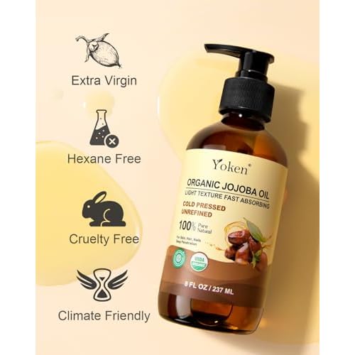 Organic Jojoba Oil Glass Bottle 8 fl oz, USDA Certified 100% Pure & Natural Jojoba Oil for Hair, Skin & Face, Cold Pressed Unrefined Hexane Free, Deeply Moisturizing Body Serum Oils for Gua Sha
