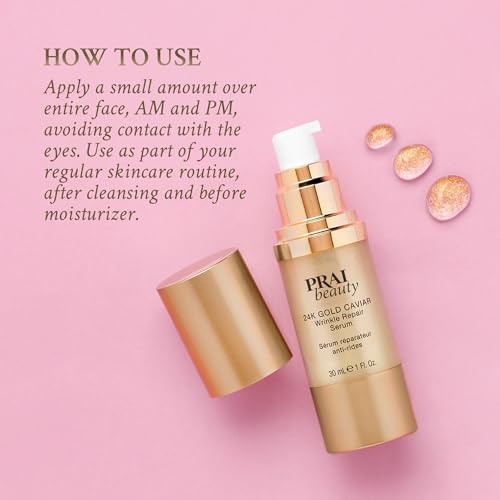 PRAI Beauty 24K Gold Caviar Wrinkle Repair Serum for Face | Anti-Aging Serum with Hyaluronic Acid to Plump and Fill In Wrinkles | Anti-Wrinkle Serum with Vitamin C for Brighter, Firmer Skin | 1.0 Oz