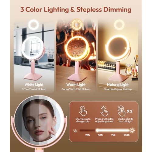 Lighted Makeup Mirror with Lights and Magnification 30X/1X, Height Adjustable 30X Magnifying Vanity Mirror with 4000mAh Battery & 3 Colors Dimming Light for Desktop Bathroom Bedroom (Pink)