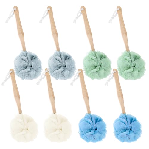 8 Pack Large Bath Puff Loofah Sponge with Long Handle Shower Loofah, Bath Body Back Brush