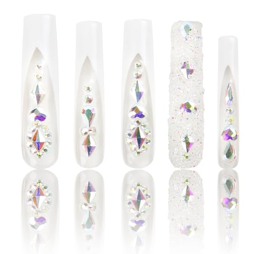 LOVFUL Press on Nails Candy Diamonds & White French Tip | Luxury Spring French Tip Glossy Press On Nails with Bling | Square Long 2.2 in | H36 (L)