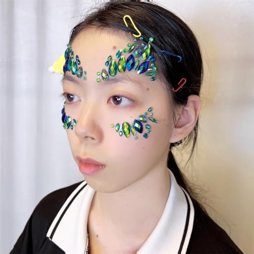 Halloween Green Face Jewels festival face Tattoo rave accessories face gems around eyes body gems Bindi Glitter Eyes Forehead Sticker DIY edm outfits for women festival (emerald/SR14)