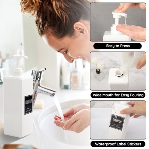 Segbeauty 33.8oz Square Plastic Soap Dispenser Refillable, 3pcs Large Empty Soap Dispenser Bathroom Kitchen, White 1000ml Shampoo Pump Bottle Set, Lotion Body Wash Hand Wash Bottles with Labels