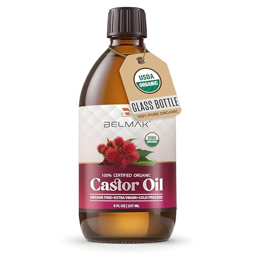 Organic Castor Oil Cold Pressed Unrefined, USDA Certified & Hexane Free, 100% Pure Ricinus Communis Oil for Hair, Scalp, Brows and Lashes in Amber Glass Bottle (8 oz)