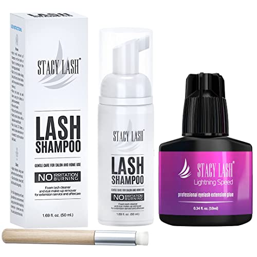 STACY LASH Lightning Speed Eyelash Extensions Glue 10ml + 50ml Shampoo / 0.3 Sec Drying time/Retention ? 6-8 Weeks/Black Adhesive/Paraben & Sulfate Free Safe Makeup & Mascara Remover