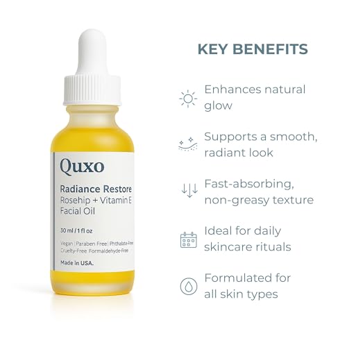 Quxo Radiance Restore Rosehip & Vitamin E Facial Oil for Face, Neck & D?collet? ? Lightweight Nourishing Formula ? Non-Greasy, Fast-Absorbing, Vegan, Fragrance-Free ? 30ml