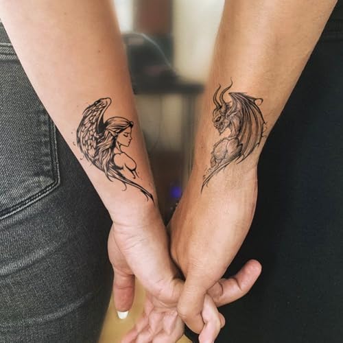 Semi Permanent Tattoo, 2 Sheets Realistic Temporary Tattoos for Women Men Adult, Lasts 2 Weeks Fake Tattoos for Arm Wrist, Waterproof and Non-Reflective, Angel & Demon Designs Couple Tattoos