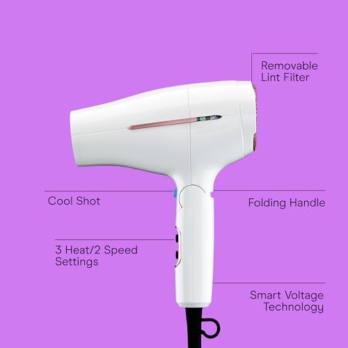 Conair Double Ceramic Travel Dryer with Concentrator & Folding Handle, 1875W Travel Blow Dryer with Smart Voltage Technology, Ionic Conditioning Fights Frizz, 3 Heat & 2 Speed Settings, White