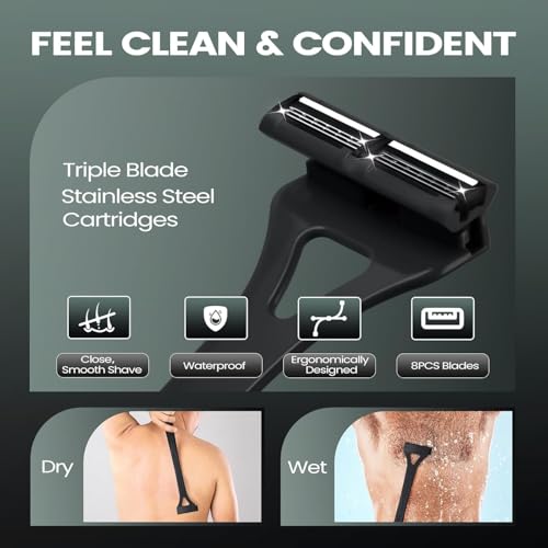 Foldable & Silicone Back Hair Body Shaver Refill Cartridges,3 Blade Razor for Men, 10 Razors Included