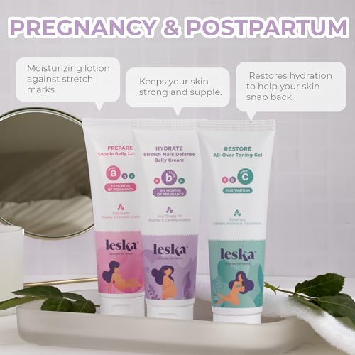 Leska Maternity Set | Belly Lotion, Stretch Mark Defense Cream, All-Over Toning Gel | All Maternity Stages Skincare System for Pregnancy & Postpartum | New Mom Gifts (Set of 3, 4oz each)