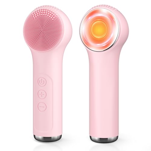 Facial Cleansing Brush, 2 in 1 Rechargeable Silicone Face Scrubber with Heat Massage Head, Electric Vibrating Exfoliating and Massaging, Waterproof Face Cleanser for Women and Men (Pink)