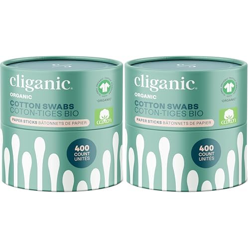 Cliganic Organic Cotton Swabs, 400 Count - 100% Pure Natural Cotton, Chlorine-Free Hypoallergenic, Soft, Gentle & Absorbent Paper Buds (Pack of 2)