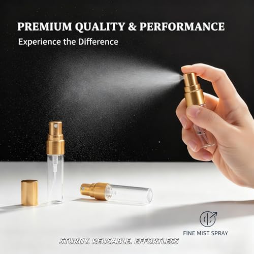 100 Pcs Mini Spray Bottles, 5 ml & 3 ml Glass Fine Mist Spray Bottles, Refillable Travel Perfume Bottle with Gold Cap, Clear Empty Portable Sample Containers for Essential Oils