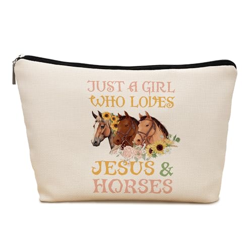Christian Horse Makeup Bag, Religious Christian Gifts for Women, Horse Lovers Gifts Cosmetic Bags for Women, Jesus and Horses Zipper Travel Makeup Pouch for Purse