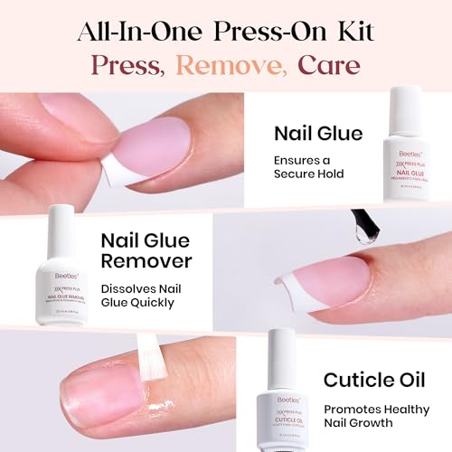 Beetles X Press Plus Gel Nails Kit - Glow French | Pink Short Square French Tip Press On Nails | 150Pcs 15 Sizes All-in-One Kit With Nail Glue,Remover,Builder Top Coat,Nail Lamp Gift For Women
