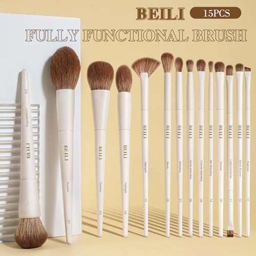 BEILI 15-Piece Makeup Brush Set, Premium Synthetic Bristles, Foundation Powder Contour Blush Concealer Eye & Blending Brushes, Elegant Full Face Collection