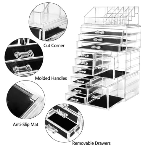 Acrylic 4 Pack Makeup Organizer with 11 Drawers, Clear, Stackable Cosmetic Organizer For Lipstick, Jewelry and Makeup Brushes, Beauty Storage With Drawers For Dresser And Bathroom.