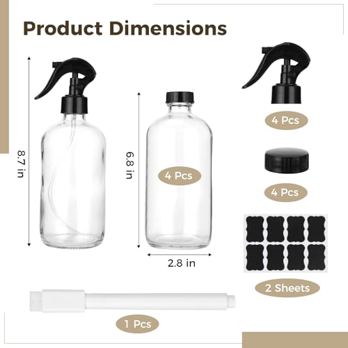 OMISTAR 4PCS 16 OZ Clear Glass Spray Bottles for Cleaning - Refillable Spray Containers with Trigger Spray Caps, Screw Caps, Label Stickers, and Pen, Ideal for Cleaning, Essential Oils, Hair Care
