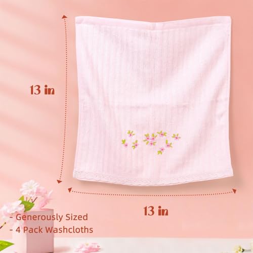 Jacquotha Bathroom Washcloths Face Towels 12 Pack, Floral Embroidered, Cotton, Pink & Cream 13¡± x 13"