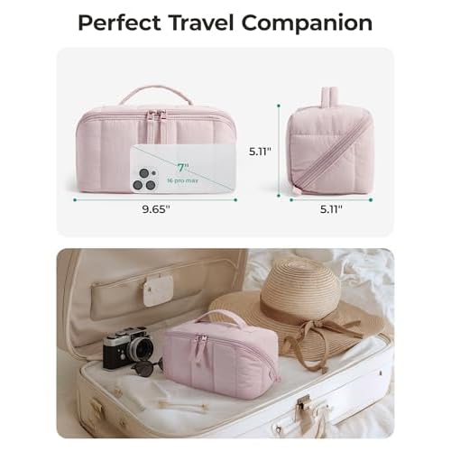 BAGSMART Travel Makeup Bag for Women, Portable Water-resistant Cosmetic Case, Puffy Padded Make Up Organizer Pouch, Open Flat Toiletry Bag for Toiletries, Brushes, Leopard