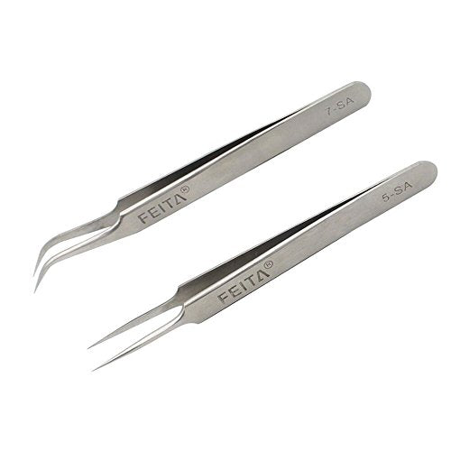 Professional Tweezers Set - FEITA Precision Tweezers with Travel Case - Stainless Steel Tweezers for Plucking, Watchmakers, Jewelry, Electronic, Craft (Silver 7Pcs)