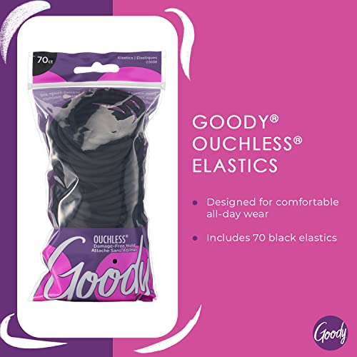 Goody Ouchless Hair Elastics ? No Pull, No Breakage, Tangle-Free Hold for Thick, Curly, Coily & Textured Hair ? 70 Count, Black, Long-Lasting Ponytail Holders for Women & Men