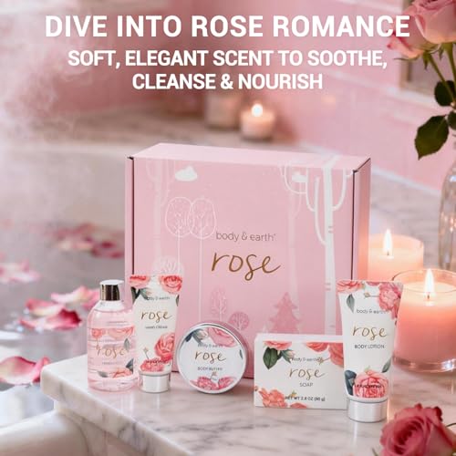 BODY & EARTH Spa Gift Set for Women - Luxurious 5 Pcs Bath and Body Box, Rose Scent, Includes Body Wash, Body Butter, Body Lotion and More, Birthday Mothers Day Gifts for Mom Self Care Kit for Her