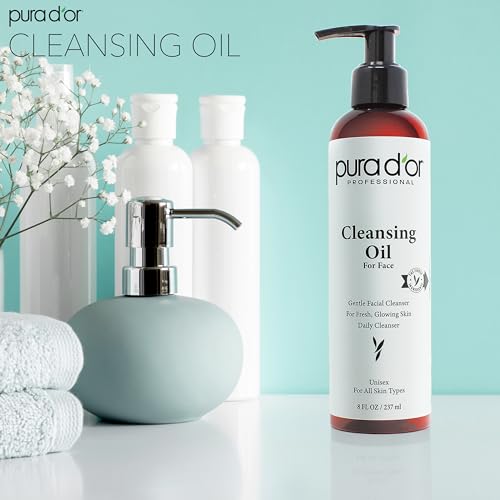 PURA D'OR Facial Cleansing Oil (8 Oz x2 = 16 Oz) Nourishing Botanical Blend with & Vitamin, Jojoba and Sunflower Oil - Gentle Makeup Remover & Deep Cleanser For Healthy, Glowing Skin - Paraben-Free
