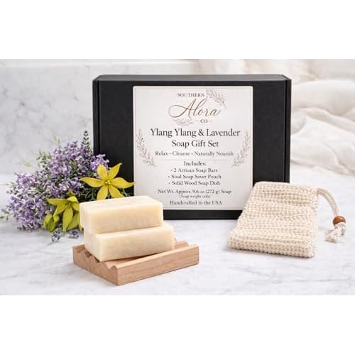 Ylang Ylang & Lavender Soap Gift Set ? Handmade Soap Bars with Sisal Soap Saver & Wood Soap Dish, Gift Ready