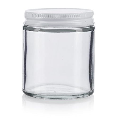 (6 pack) 4 oz / 120 ml Clear Thick Glass Straight Sided Jar with White Metal Airtight Lid